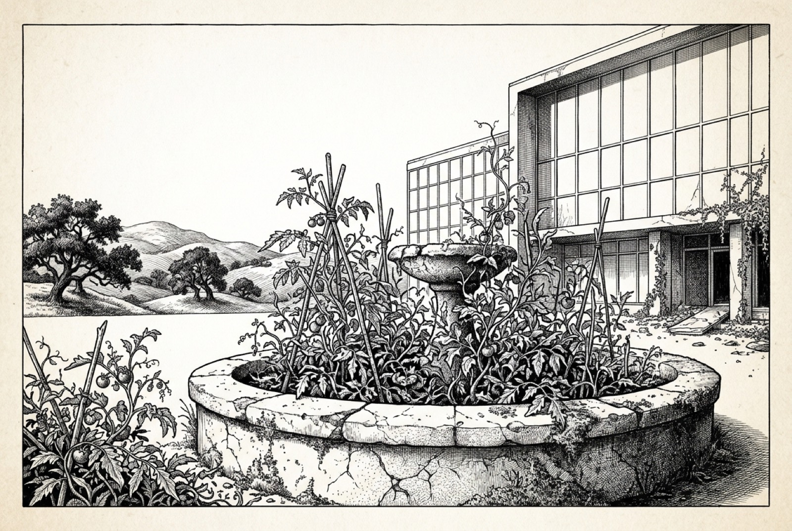 A dry fountain in an empty office courtyard, overgrown with staked tomato plants.