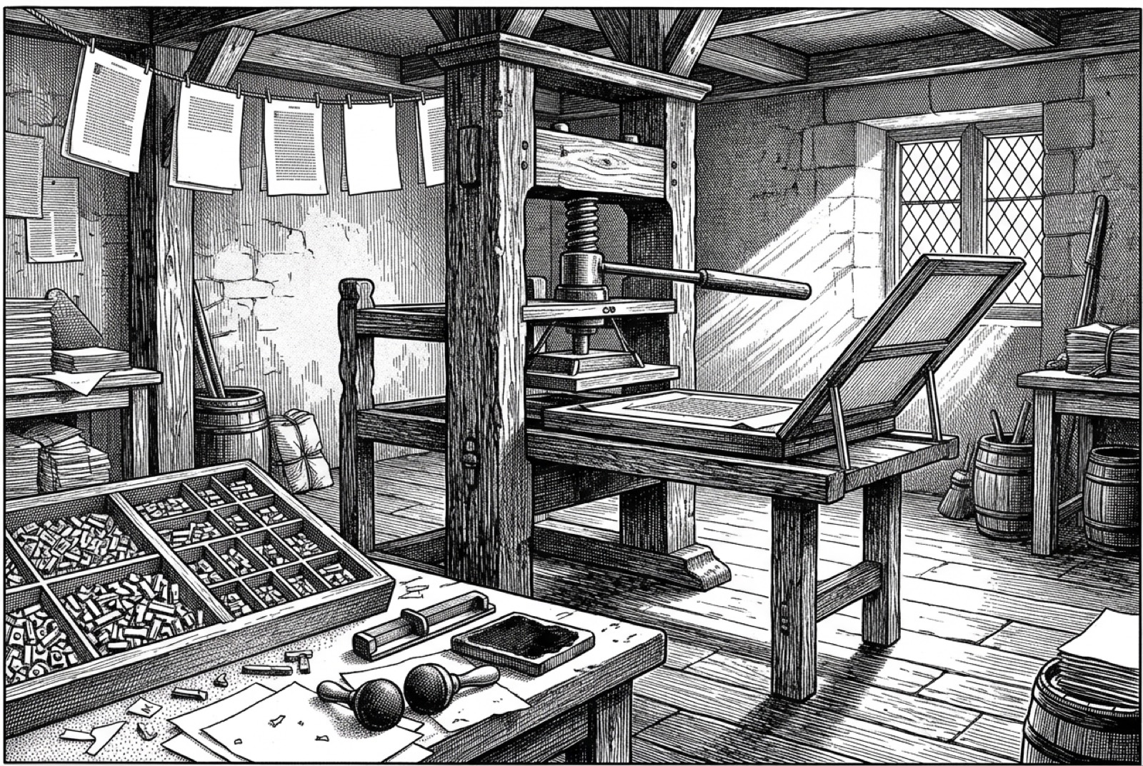 A fifteenth-century wooden printing press in a workshop, pages hung to dry.