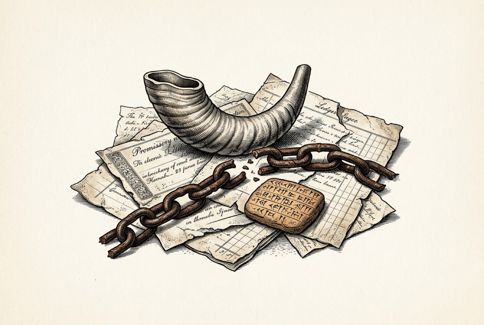 A ram's horn resting on torn promissory notes, a broken chain, and a cuneiform tablet.