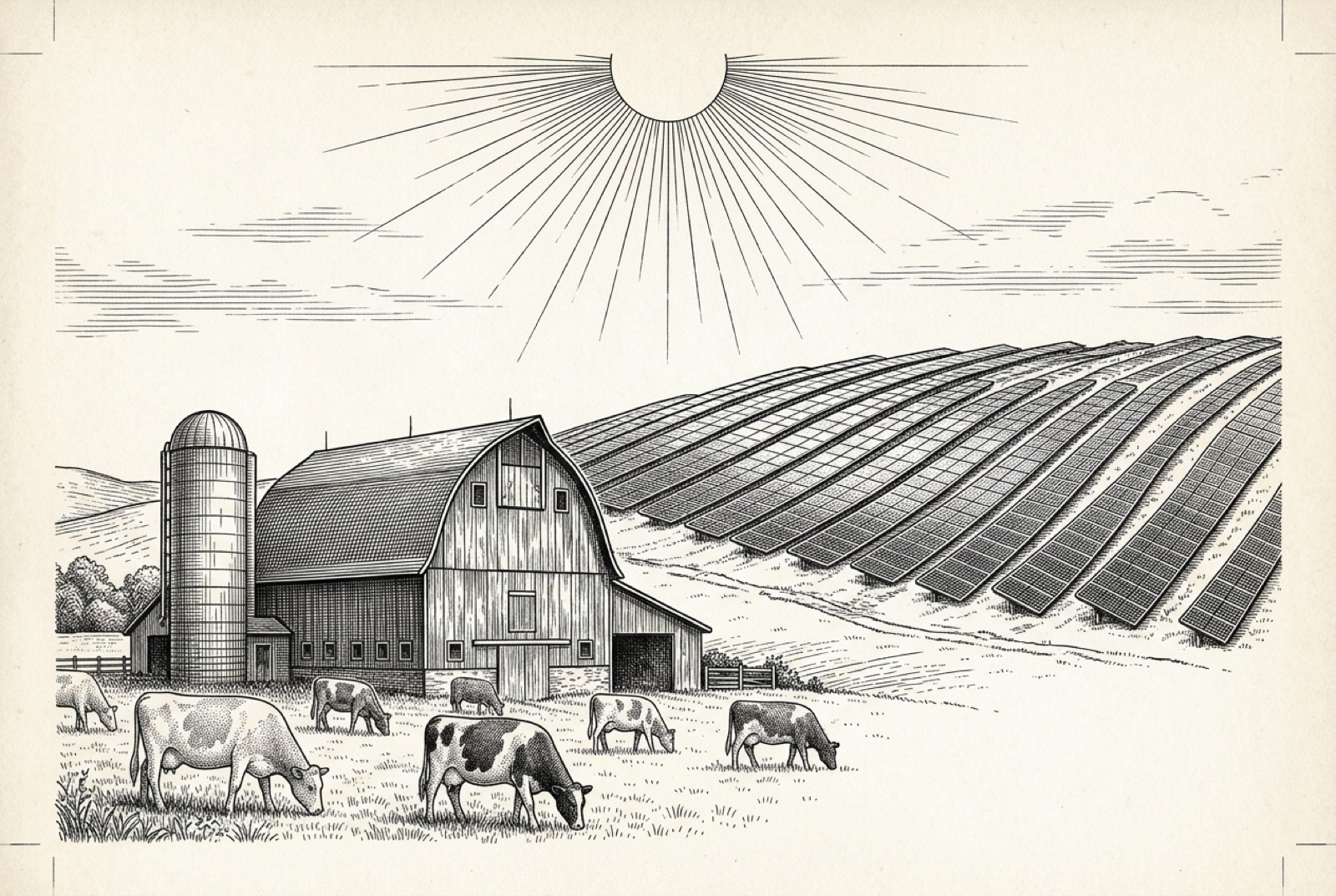 A dairy barn and silo with grazing cows, and solar panels following the contour of the hill.