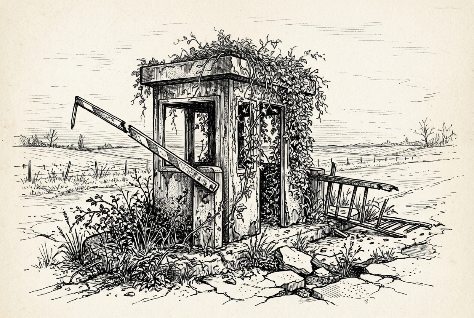 An abandoned tollbooth on a country road, its gate arm broken and its walls covered in vines.