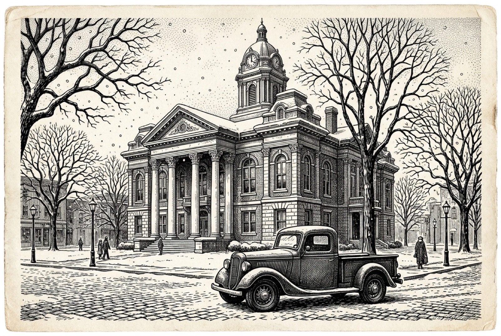 A columned county courthouse in a snowy village square with a pickup truck parked in front.