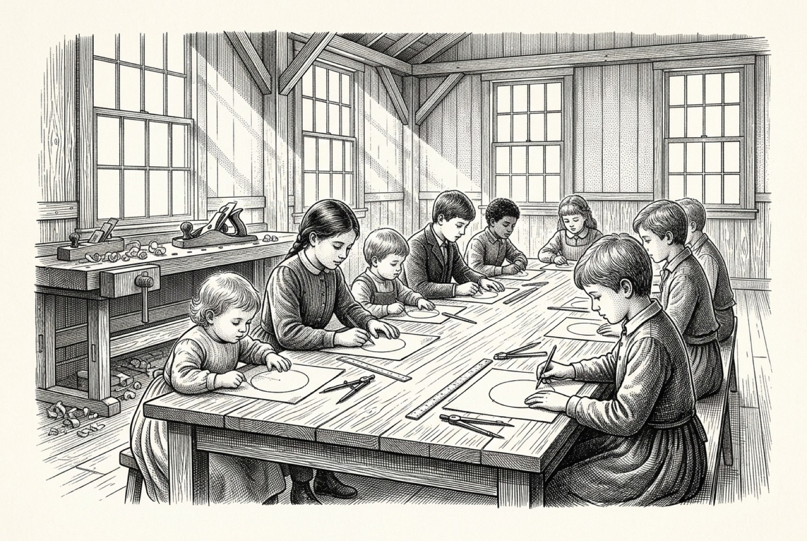 Children at a long wooden table drawing circles with compasses in an old hall, a workbench behind them.