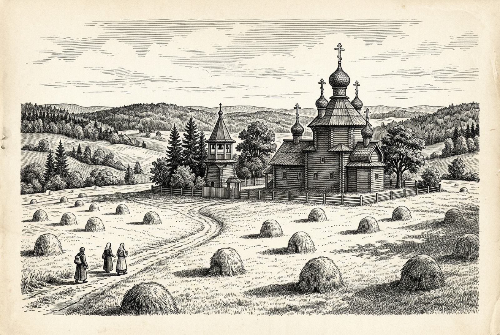 A wooden onion-domed church standing in a hayfield, pilgrims walking toward it.